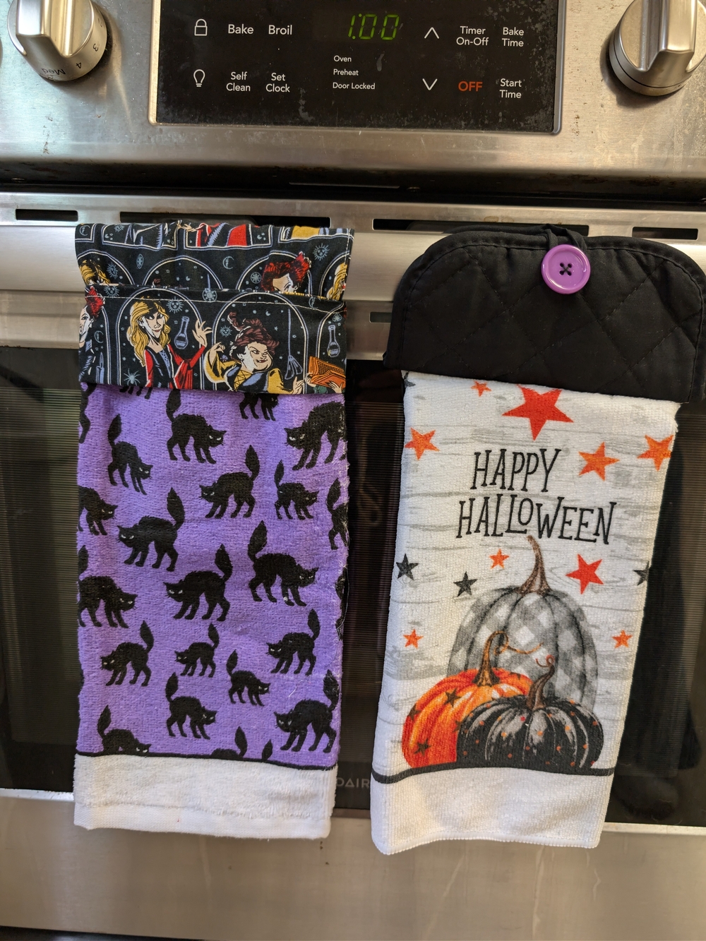 Halloween Hanging Kitchen Towels Witch Black Cat Spooky Decor Set Of 2
